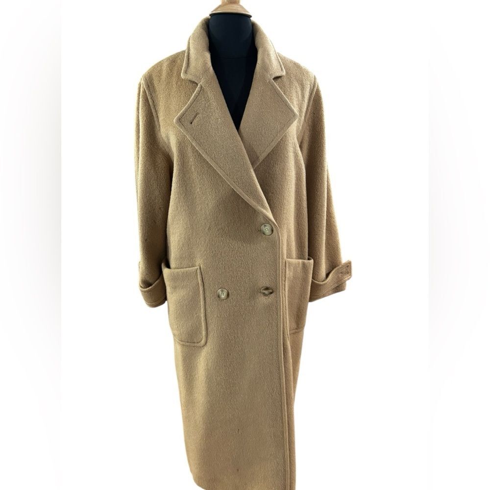VTG Tan Wool Lg Double Breasted Full Length Trench Coat by Karen Millen- sz 14